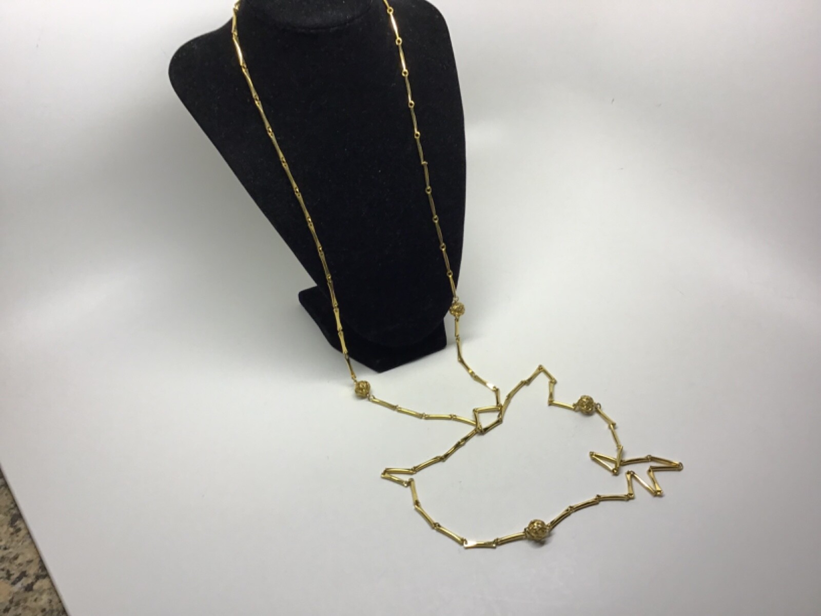 VTG Signed MONET Gold Tone Bar Link Filigree Bead Station Necklace – 52″ – MINT!