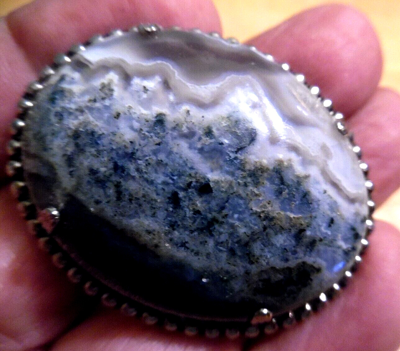 MOSS AGATE PIN IN SILVER METAL SETTING