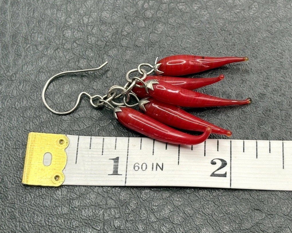 Vintage Red Chili Pepper Blown Glass Dangle Drop Earrings Silver Tone