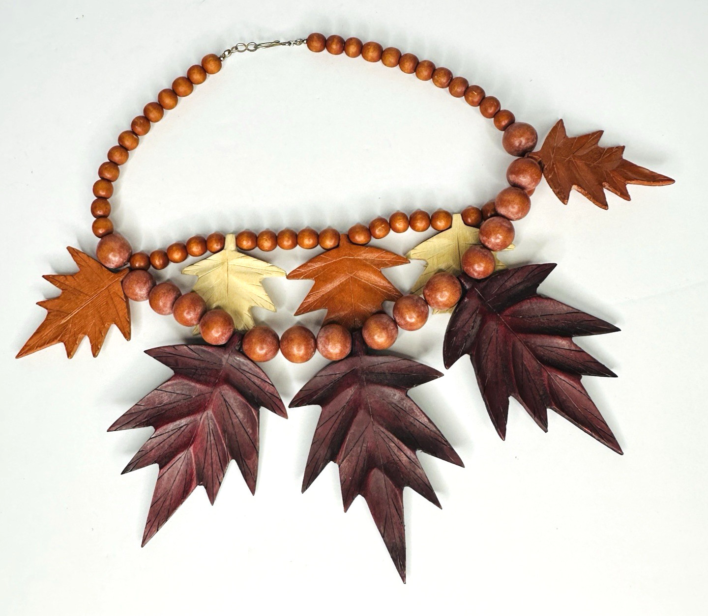 VTG Boho Wooden Leaf Necklace Double Strand Beaded Autumn Fall Colors Statement