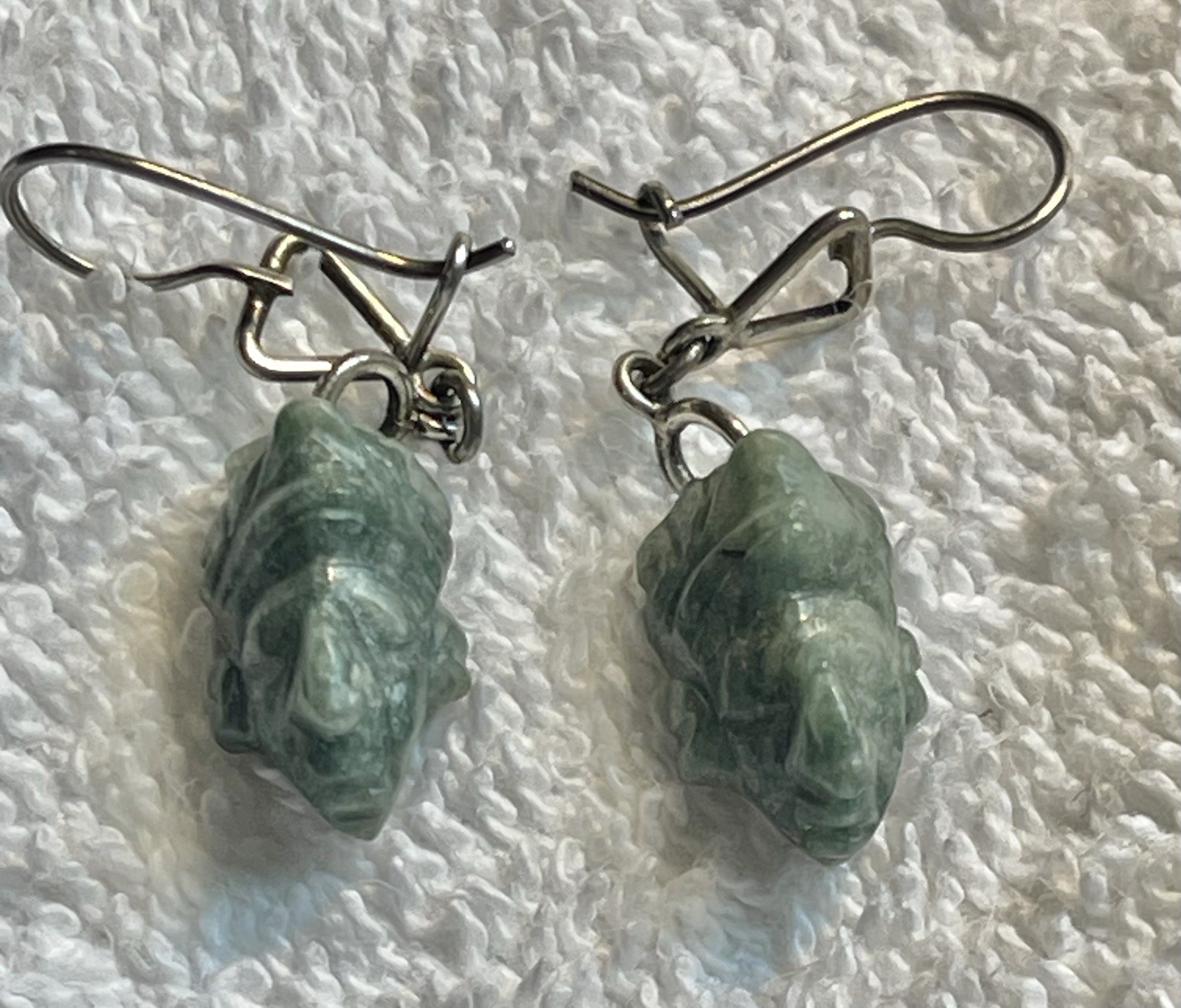 Vintage Mayan Aztec Mask Head Dangle Earrings Green Face Jade (?) Stone Silver