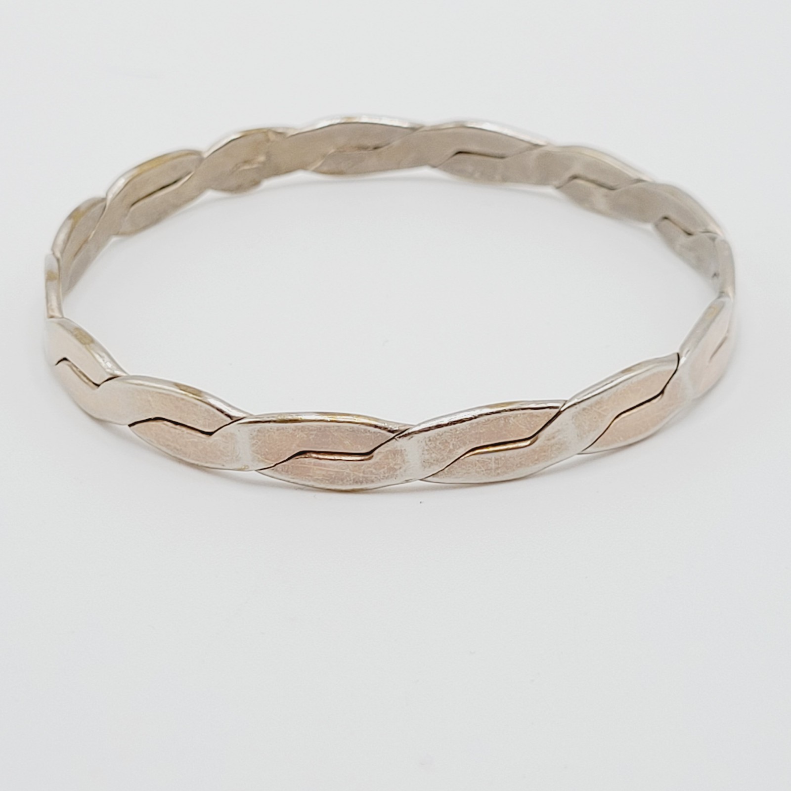 Vintage Mexico Metal Flat Braid Worn Silver Tone Brass Bangle Bracelet 8 Inch