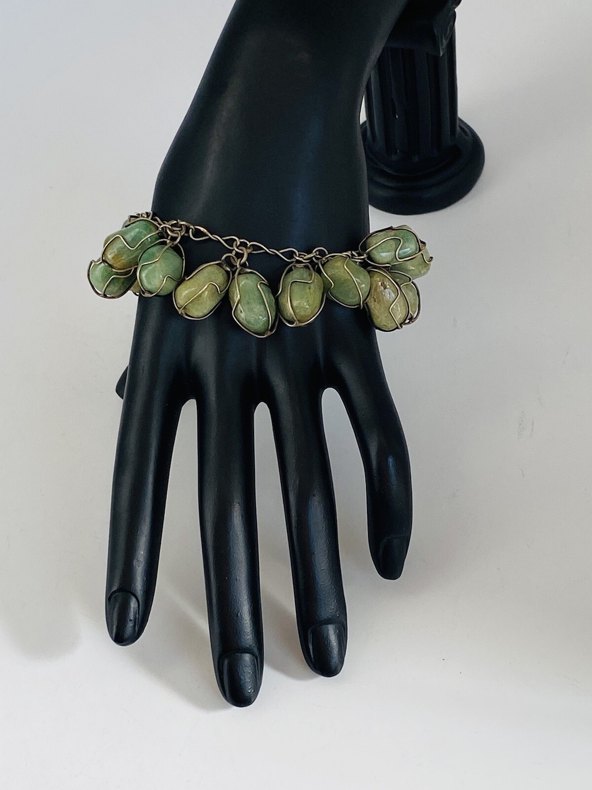 Vintage Sterling Silver Green Jade Tumbled Stone Wire Wrap Link Bracelet 7”