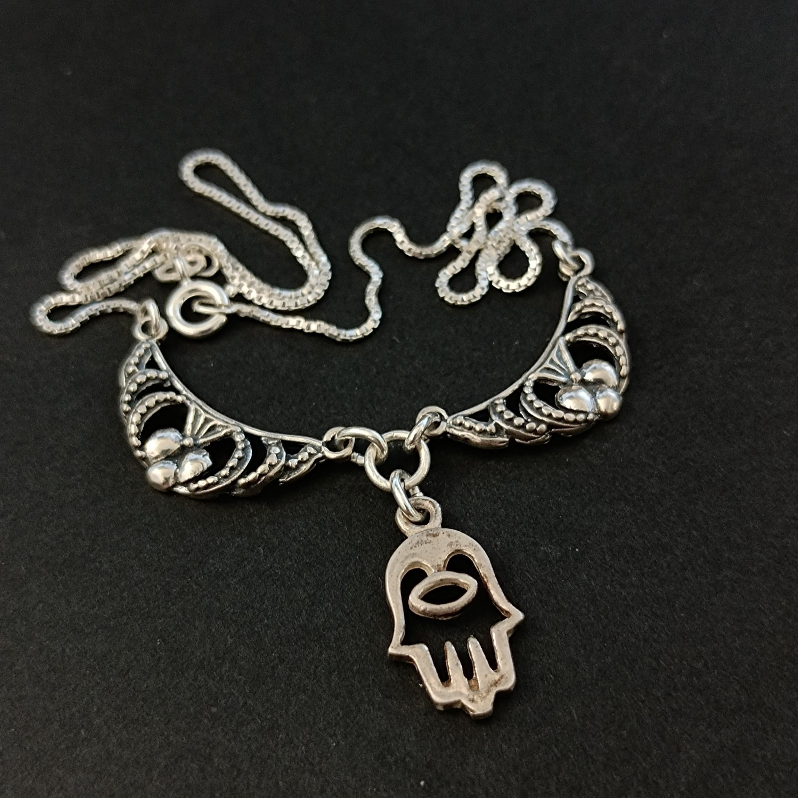 Sterling Silver Hamsa Necklace Hand of Fatima Vintage Ethnic Bib Spiritual Gift