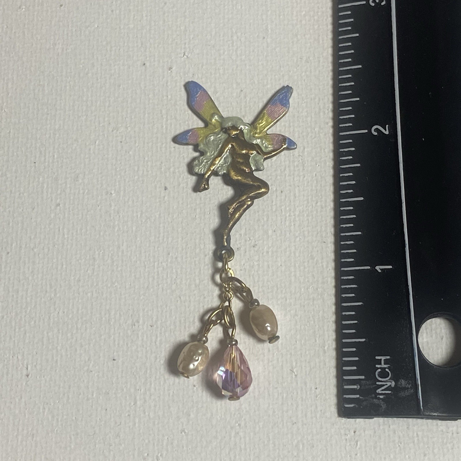 Vintage Whimsical Fairy Pin Multi Color Wings Pink And Faux Pearl Accents
