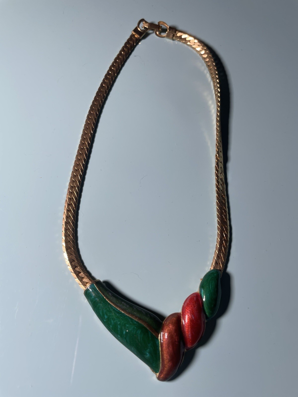 Vintage Enamel Statement Necklace Green Red Gold Tone Snake Chain Retro