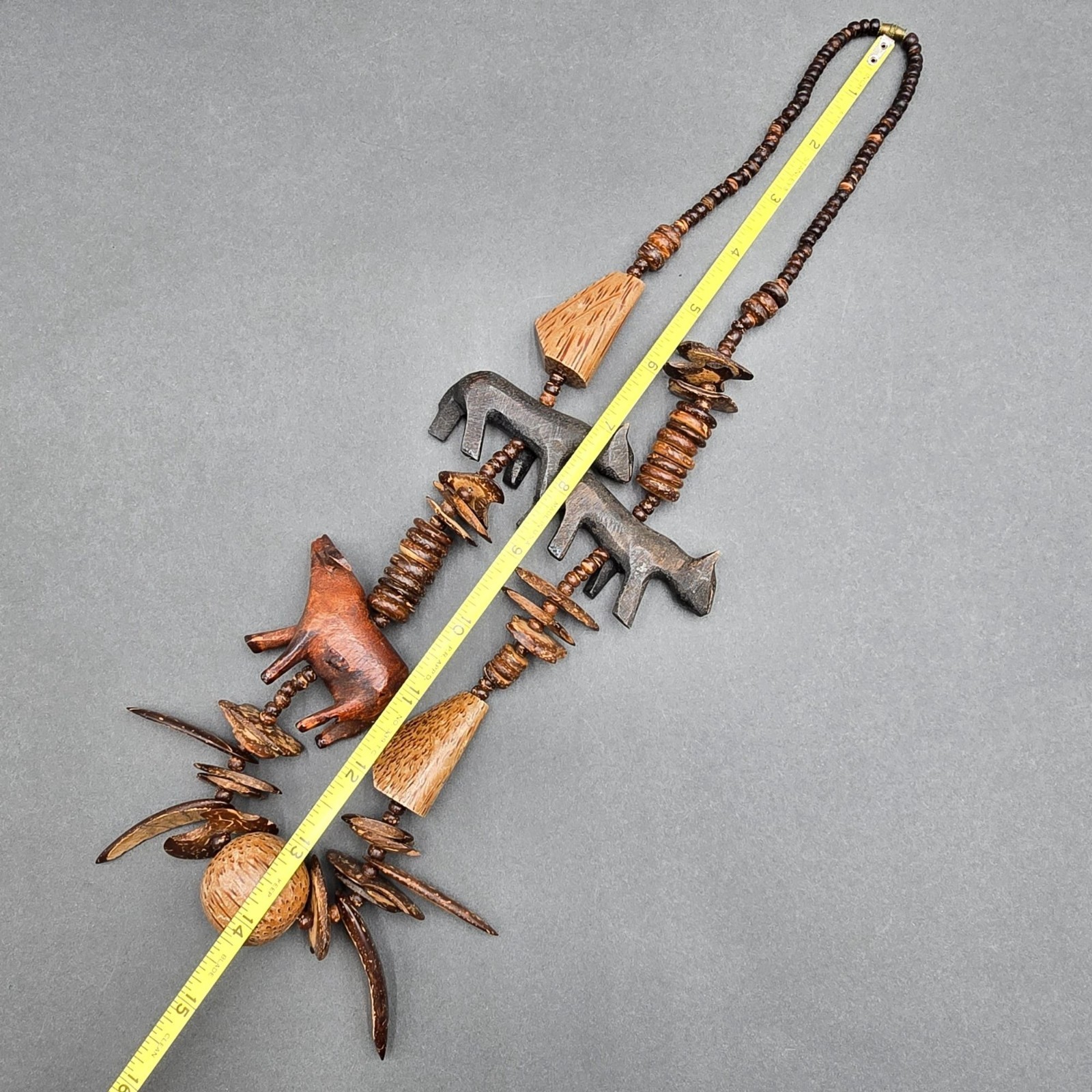 Vintage Tribal Wood Animal Necklace 26″ Brutalist Hand Carved Statement Piece