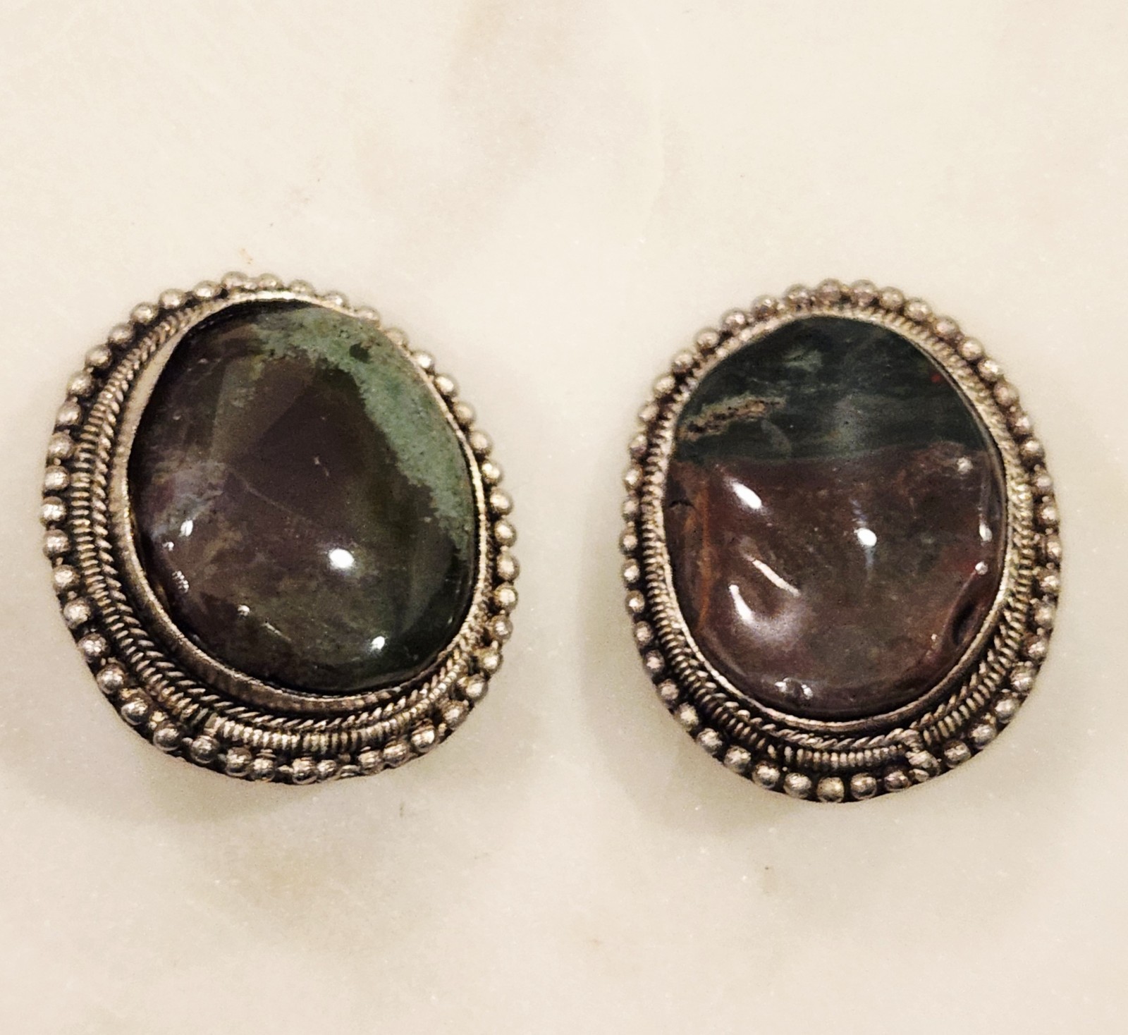 Vintage Clip On Earrings Green Brown Stone Silver Tone Boho Earthy Nature