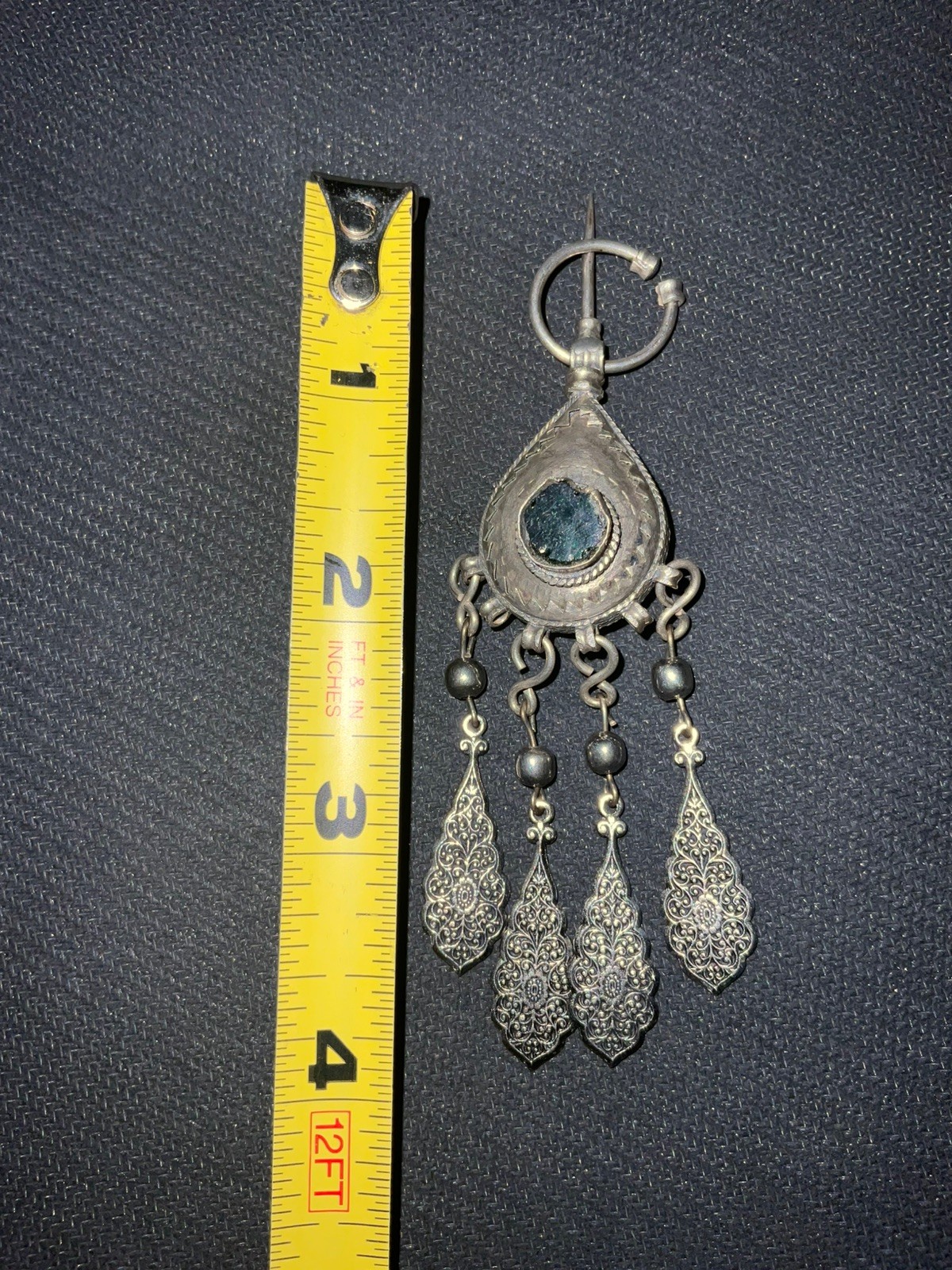 Moroccan Berber Fibula Tiznit Pendant Brooch Silver/ Green Gem *Read* 🌙