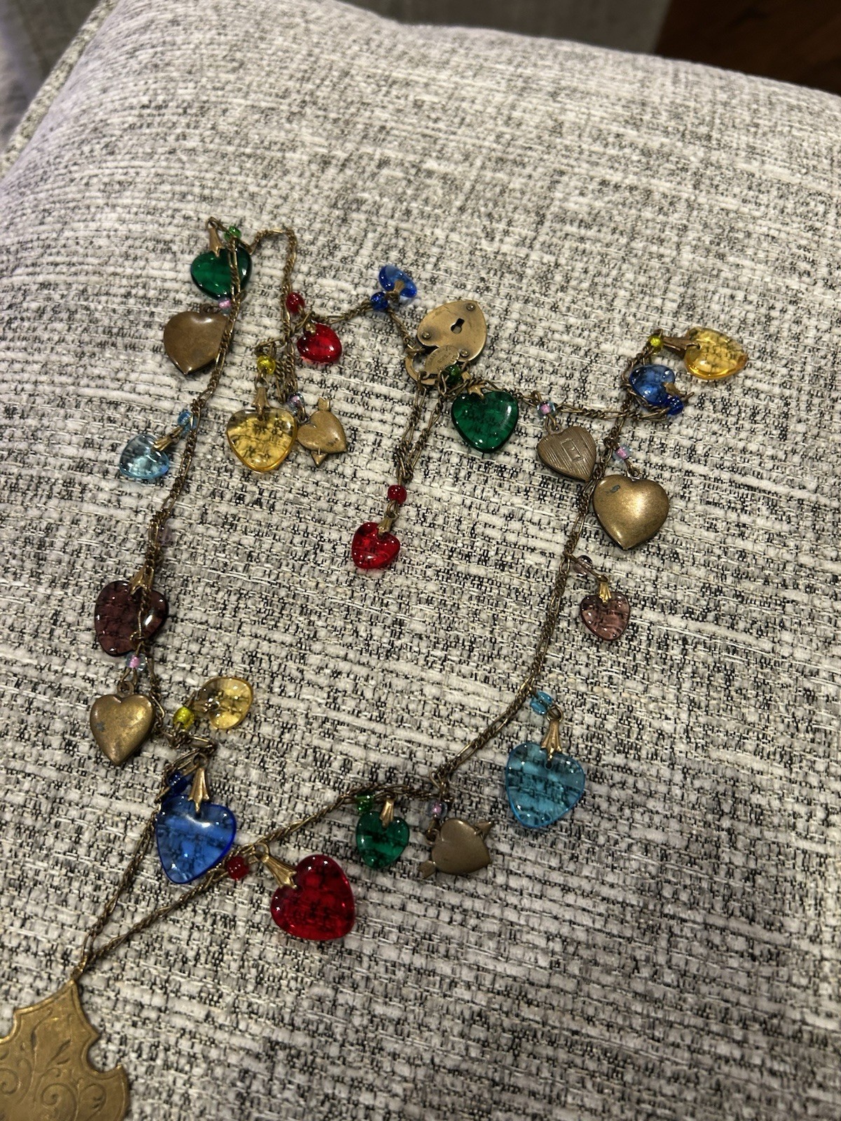 Signed Vintage Glass Works Studio Long Necklace Colored Glass Hearts Victorian