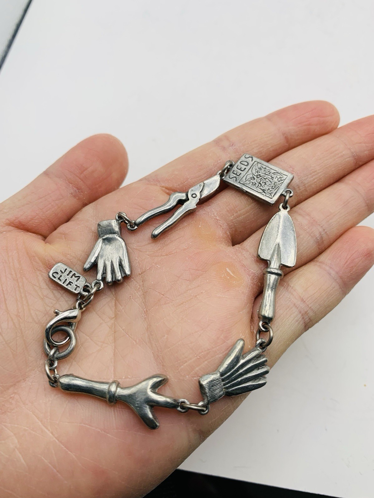 Vintage 7″ Signed Jim Clift Pewter USA Silver Tone Gardening Charm Bracelet