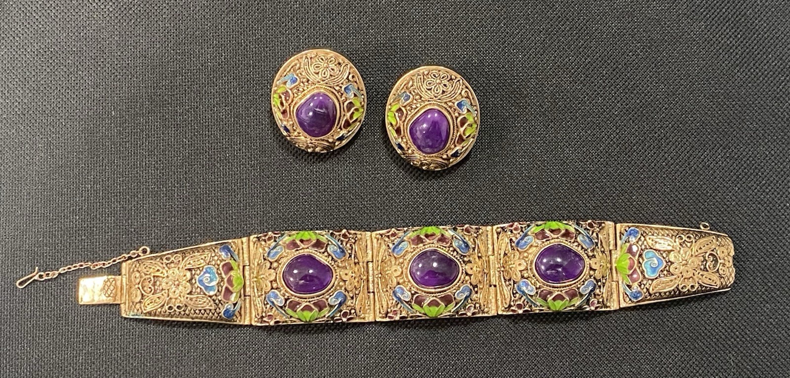 Amy Kahn Russell AKR Enamel & Amethyst Stone Cabochon Bracelet &Earrings Floral