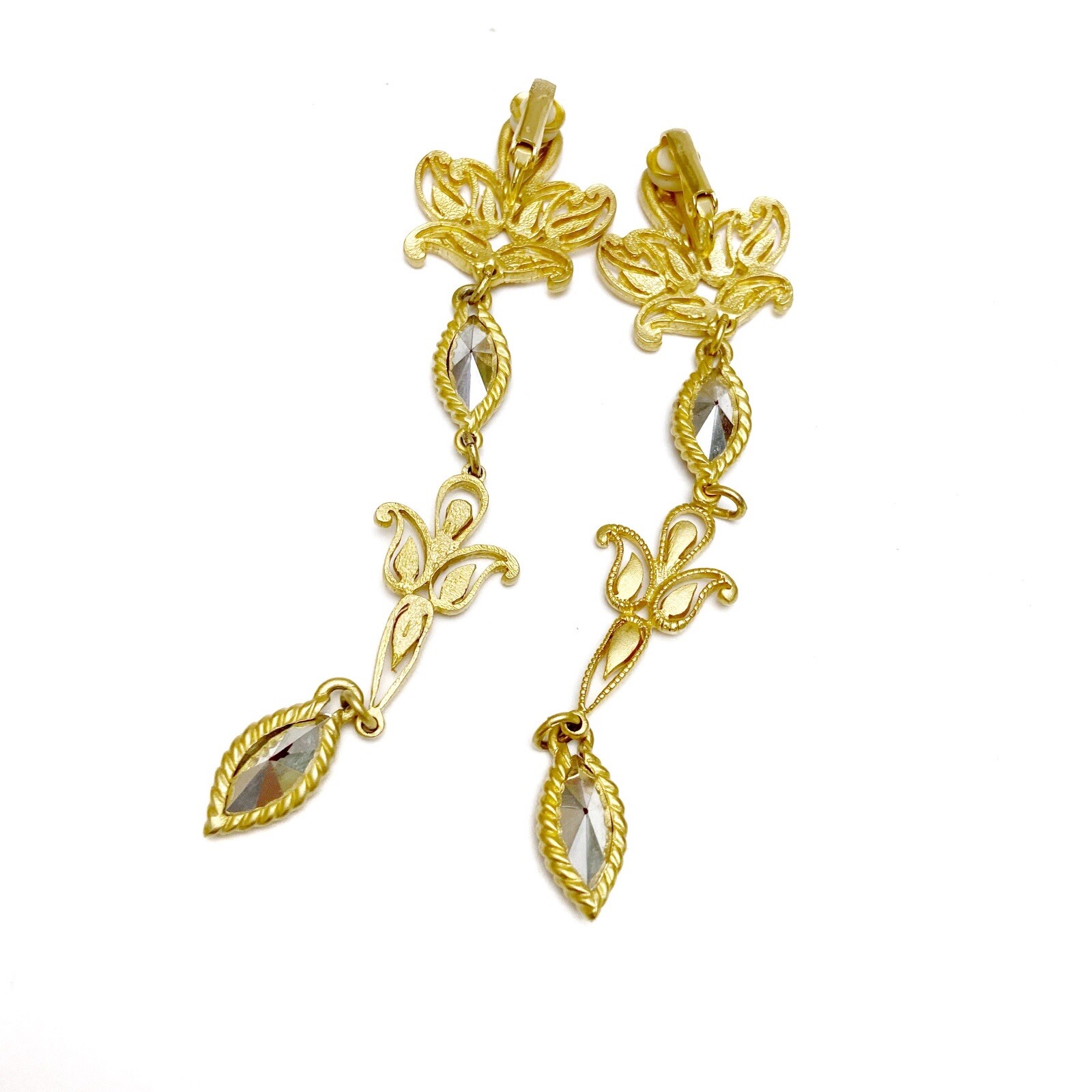 Vintage Matte Goldtone Scroll Red Fuchsia Gem Jewel Dangle Drop Clip On Earrings
