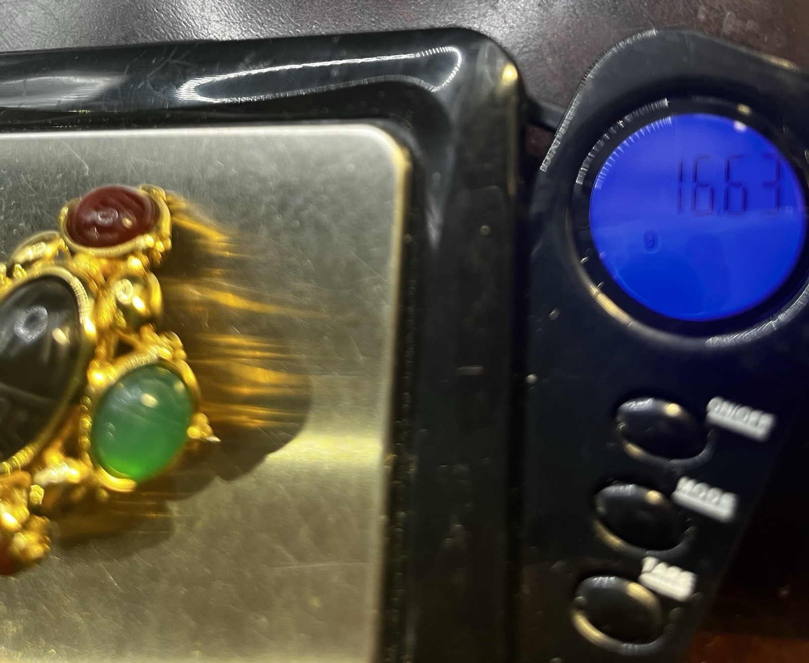 VTG. EGYPTIAN Style multicolor Carved SCARAB Glass Stone GoldTone BROOCH PENDANT