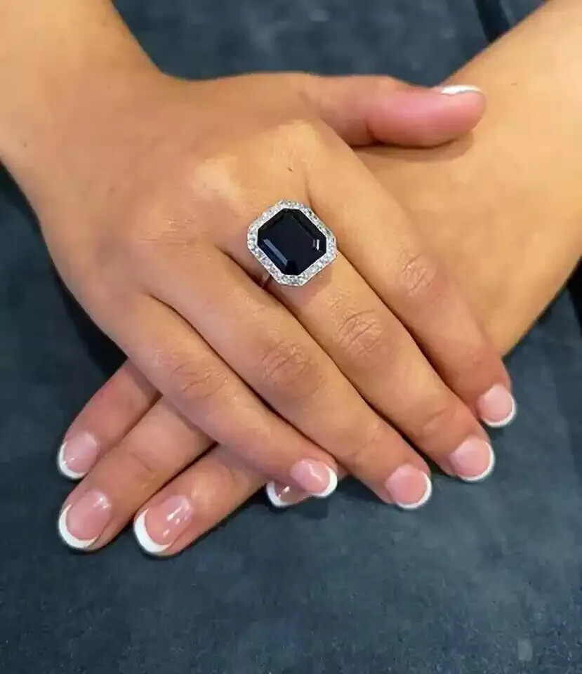 3.00 CT Black Emerald Cut Onyx CZ Women’s Halo Wedding Ring In Solid 925 Silver