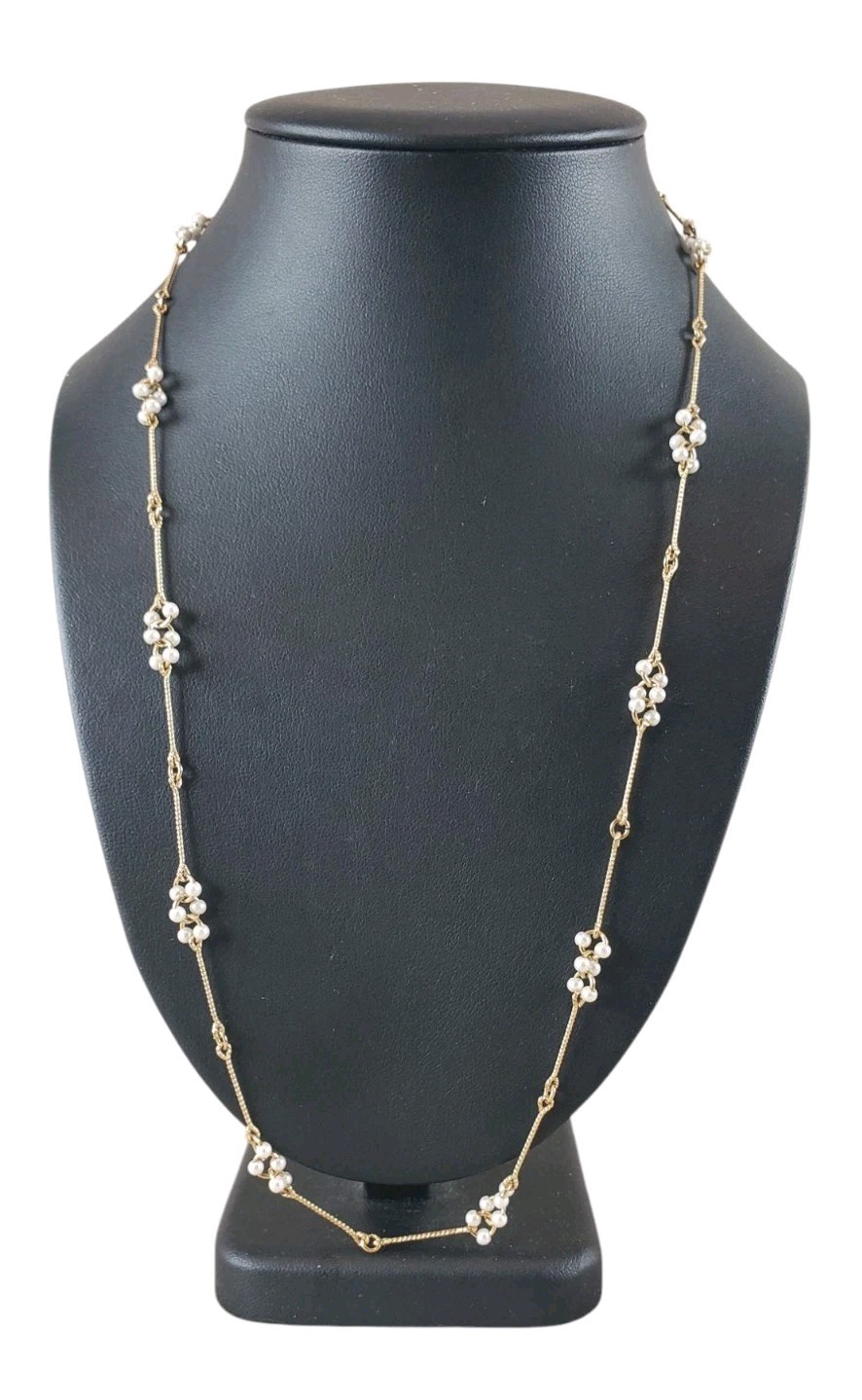 Avon Gold Tone Faux Pearl Cluster Station Necklace 24 Inch Yellow Gold Plated