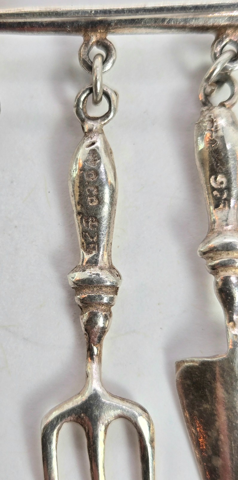 Vtg Sterling Gardening Brooch Pin Spade Trowel Fork Dangle Charm 925 Silver MEOW