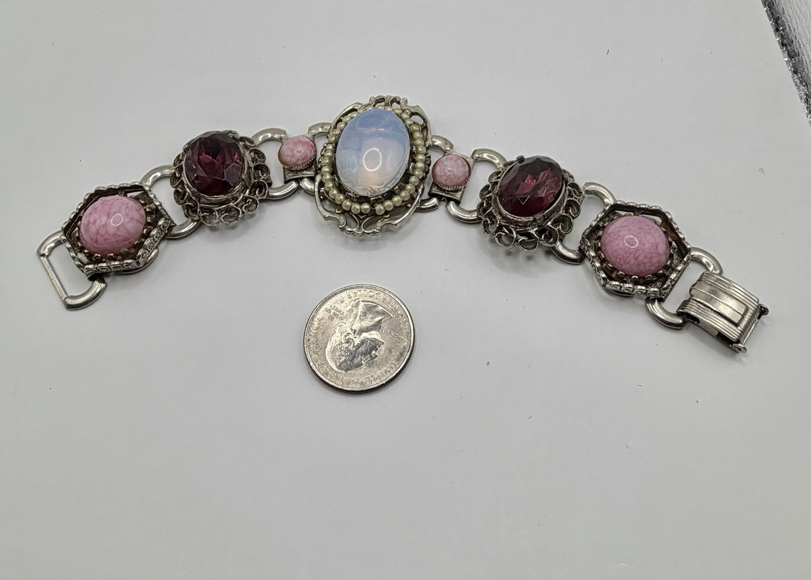 Vintage MCM Upcycled Pink Marbled & Red Rhinestone Clear Opalite Design Bracelet