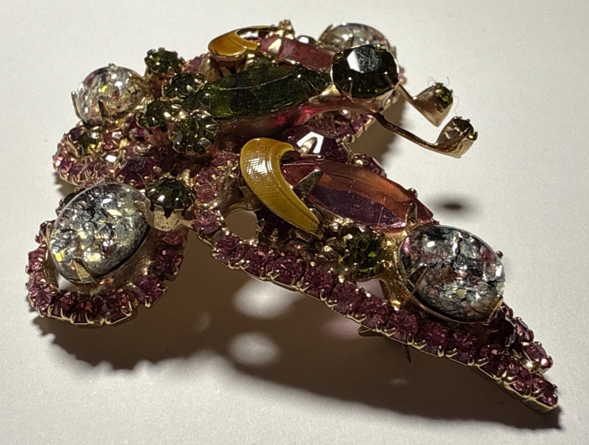 Vintage Pink and Green Rhinestone Brooch Butterfly Unique! J-1Q