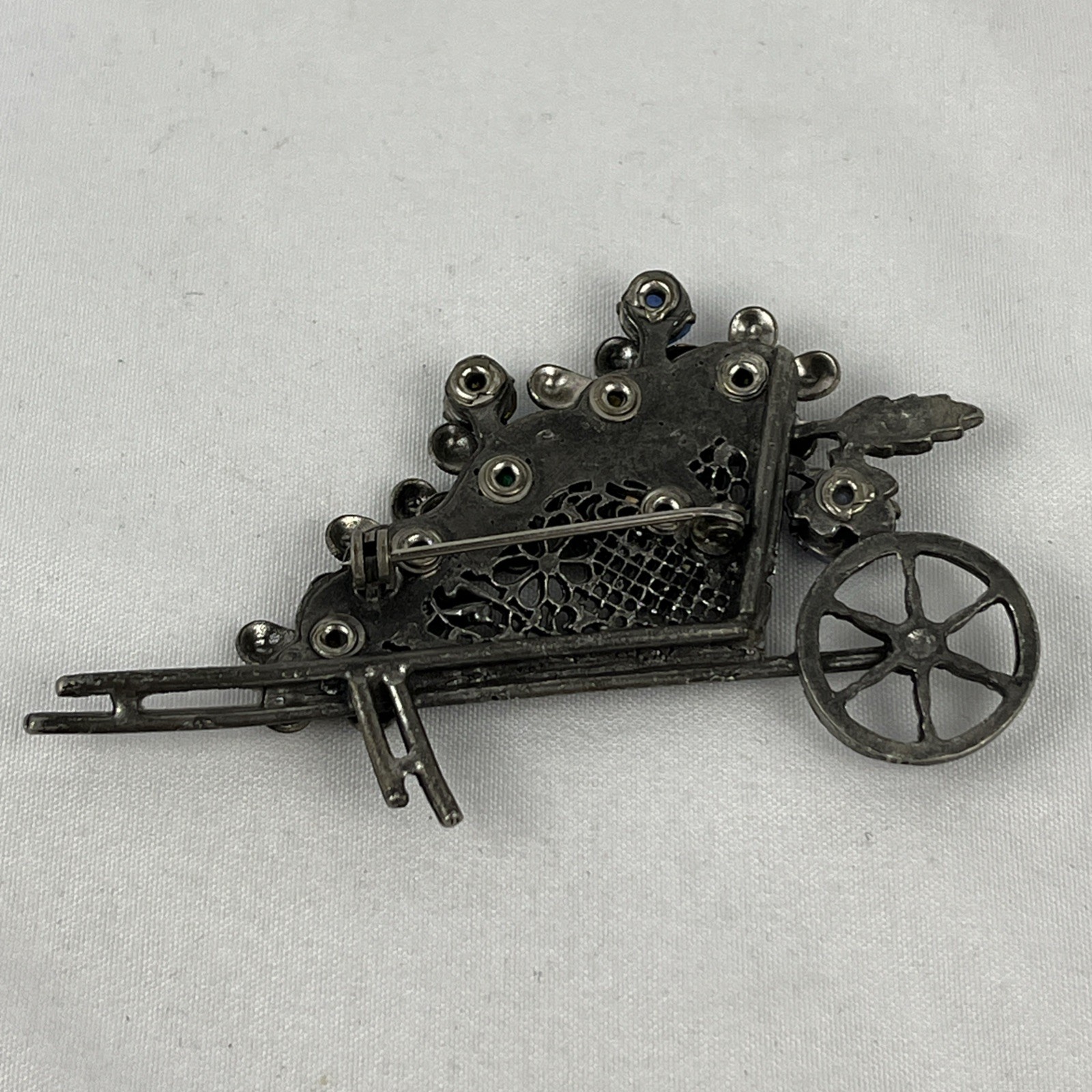 Vintage Wheelbarrow Pin Brooch Rhinestone Flowers Brass Filigree Garden Cart