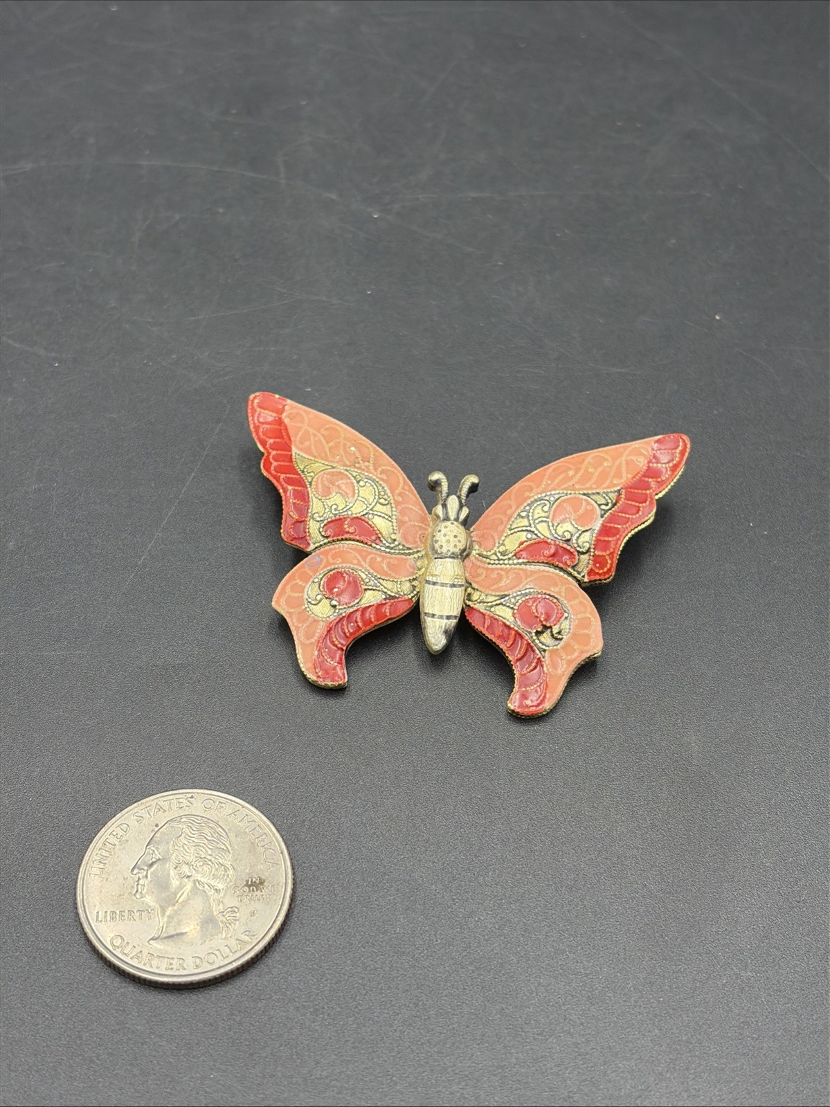 Vintage Butterfly Brooch Enamel Red and Pink