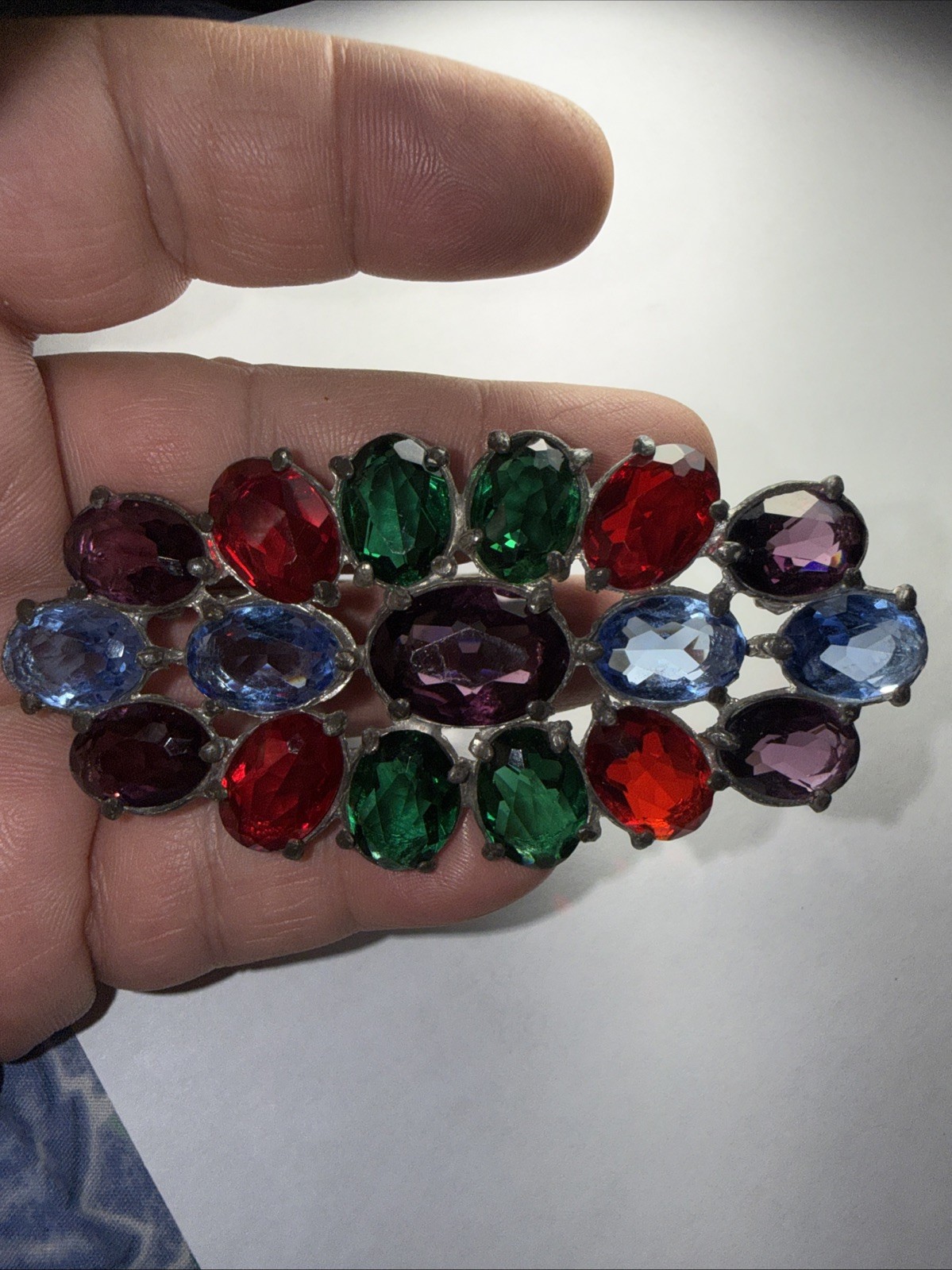 Pin Brooch Czech Art Deco Fruit salad Pot Metal 3.5” Open Back Stones Antique