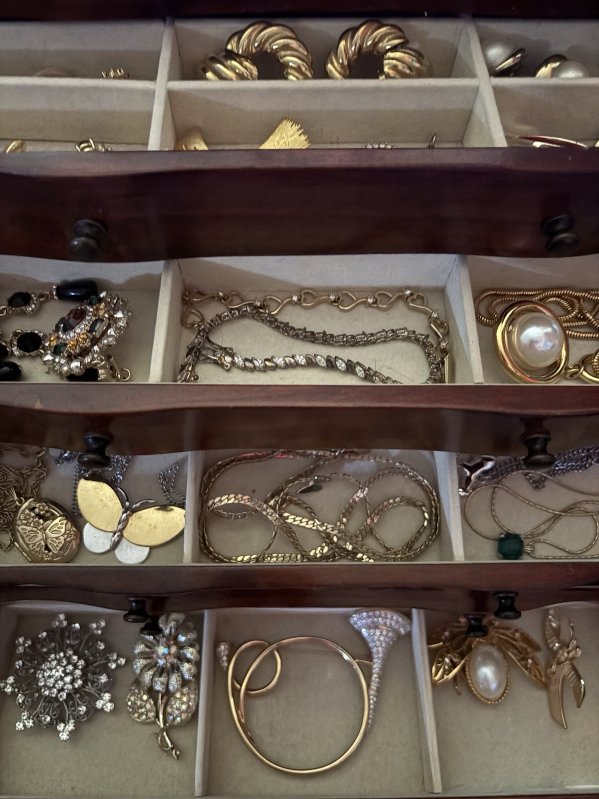 7 Tier Jewelry Box Full Of Trifari , Avon, Coro, Napier, Swarovski And Unbranded