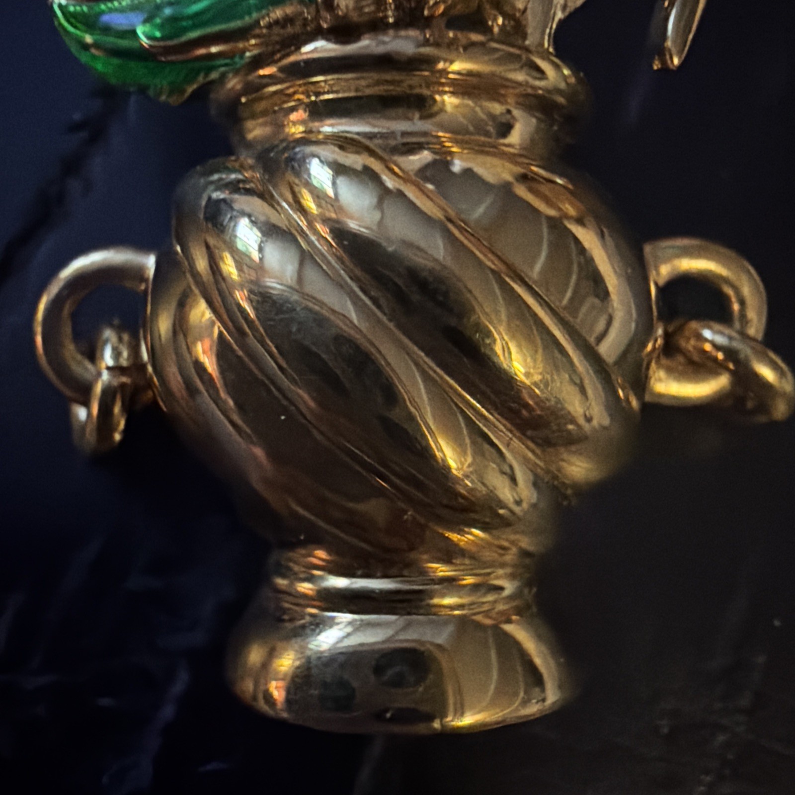 Vintage FLOWER VASE PIN GOLD & GREEN ENAMEL Red, Blue & Purple Cabochon Stones