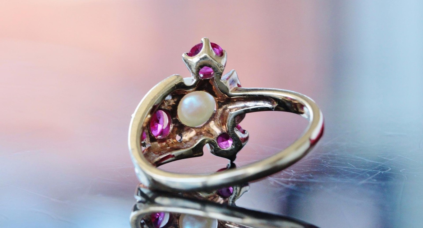 10k yellow gold ring 5.3mm cultured pearl & lab ruby size 7.75 handmade 3.5g