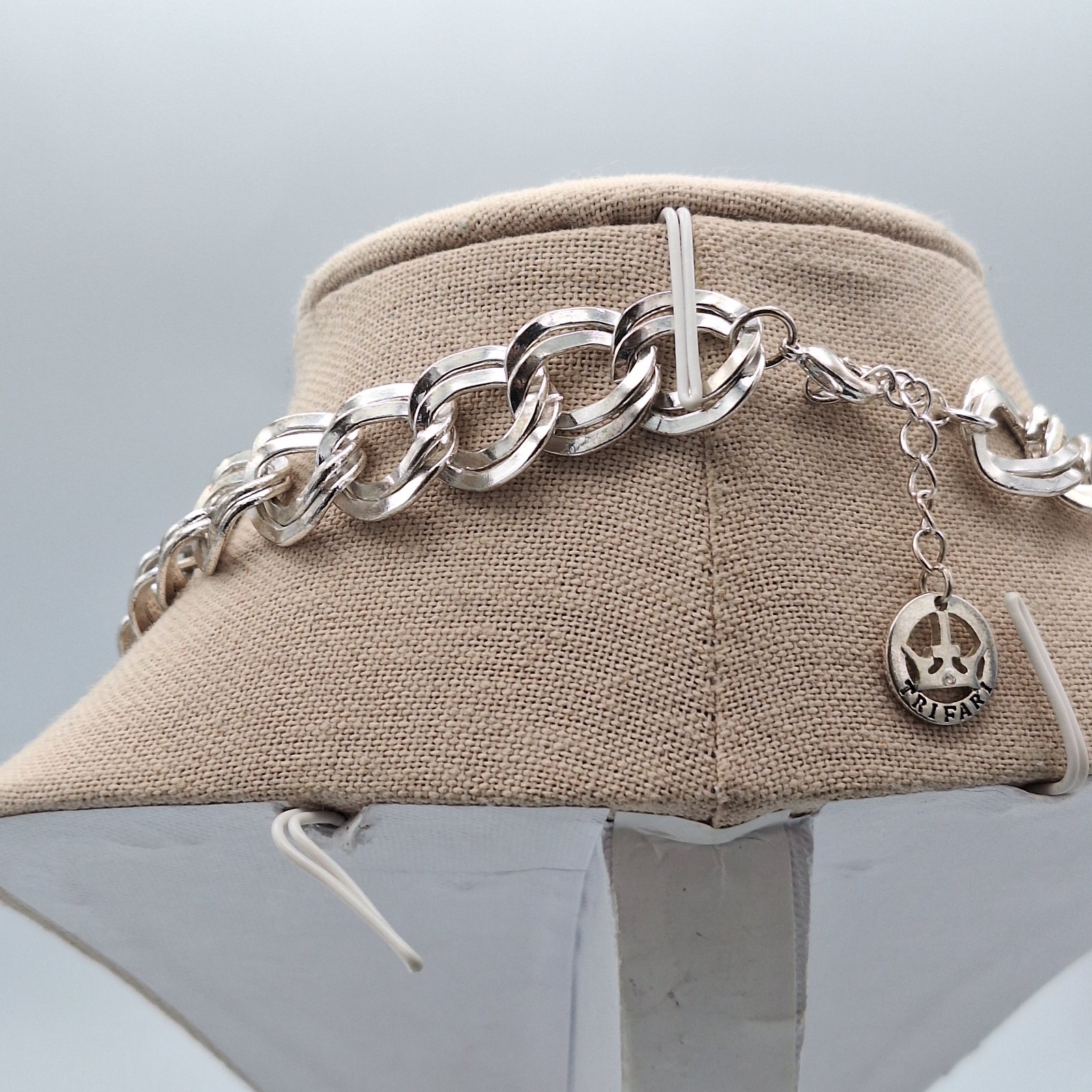 Crown Trifari Metal Double Link Chain Necklace Silver Tone 18″