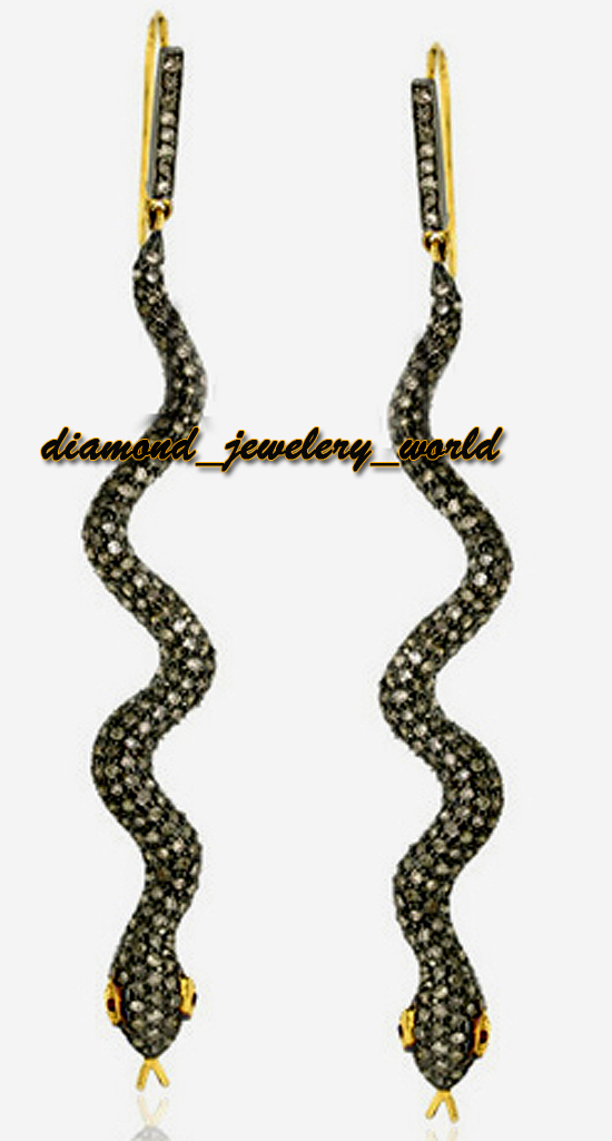 3.39ctw Rose Cut Diamond Ruby Studded Silver Vintage Style Snake Earring Jewelry