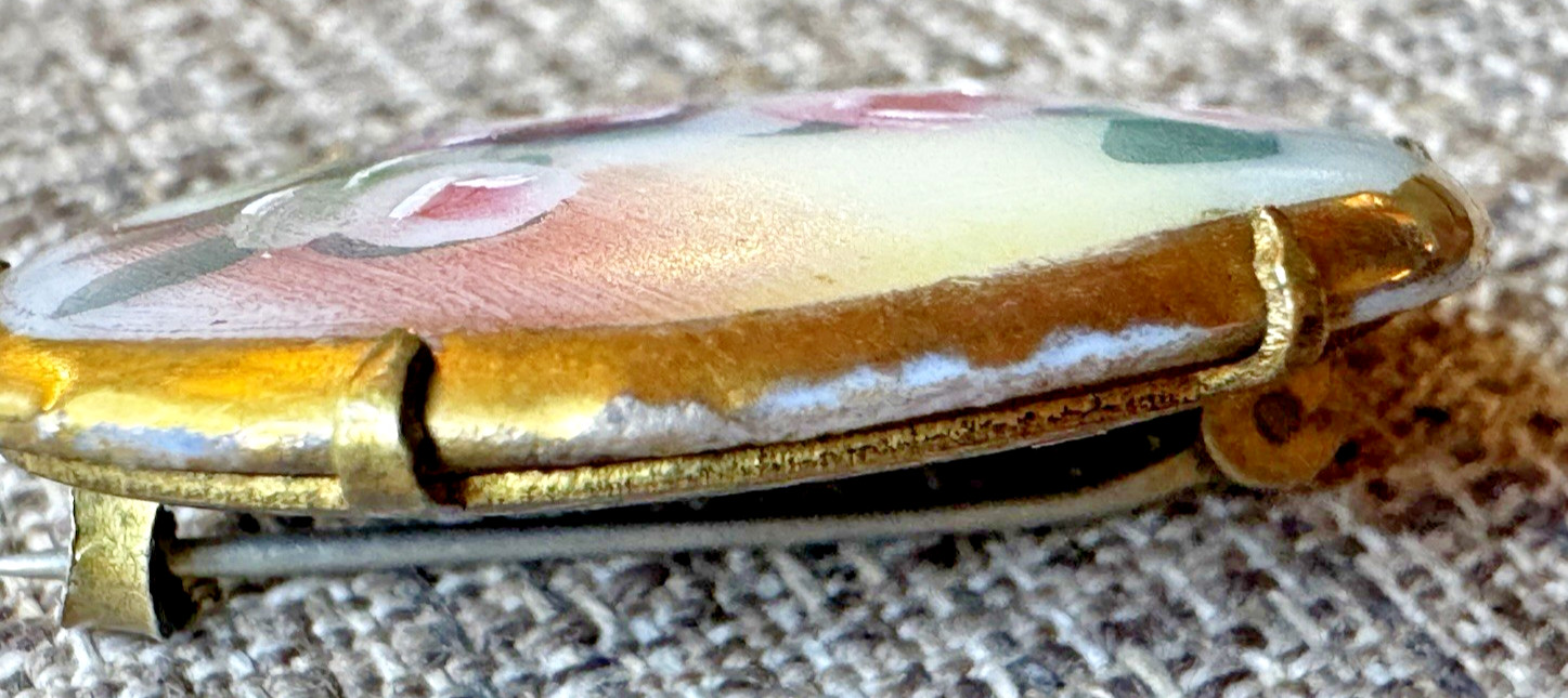 Vintage Victorian Style Hand Painted Floral Bouquet Porcelain Pin Brooch Roses