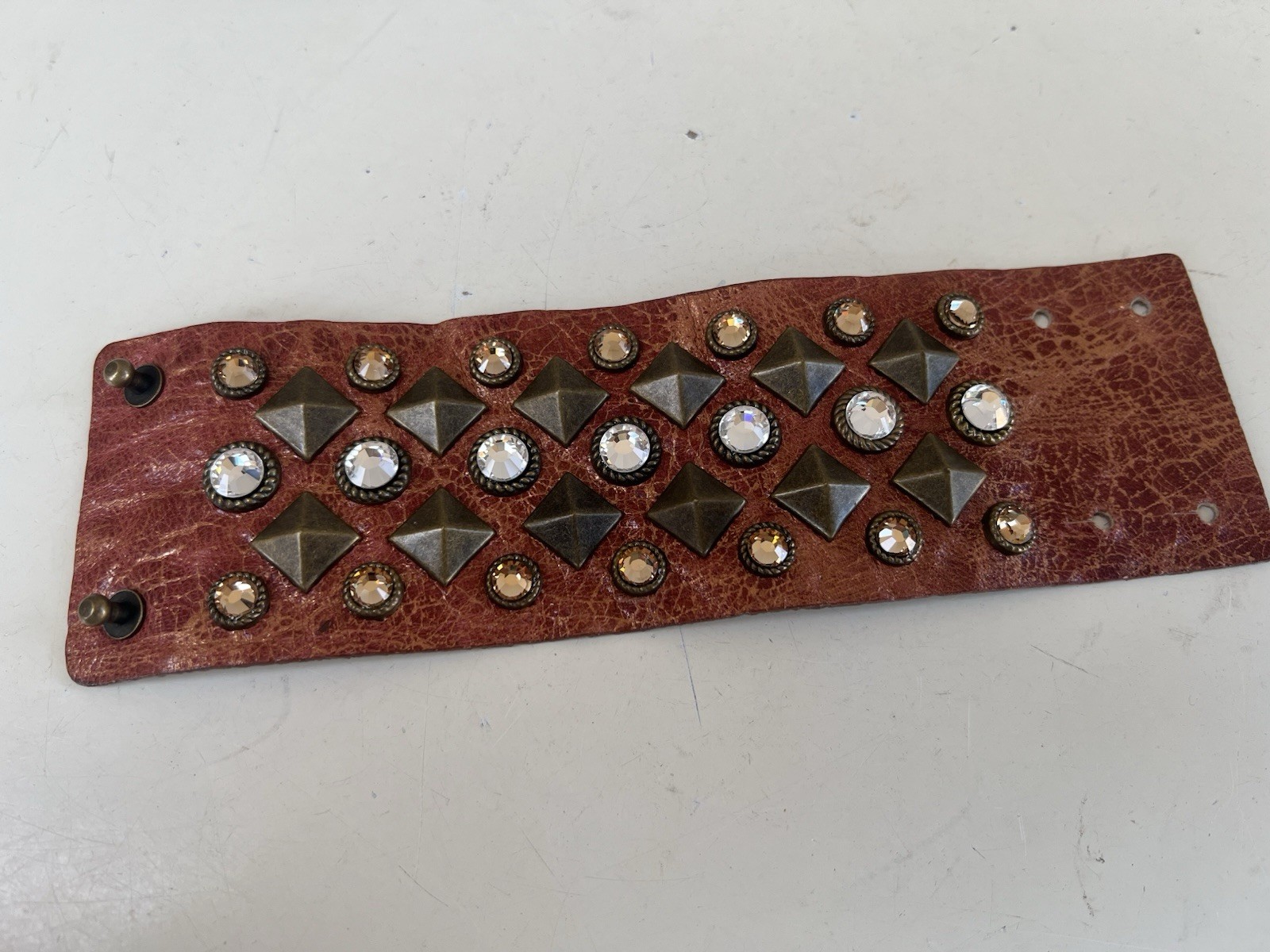 Vtg Cuff Bracelet Leather Rustic Rhinestone Metal S/M Streets Ahead