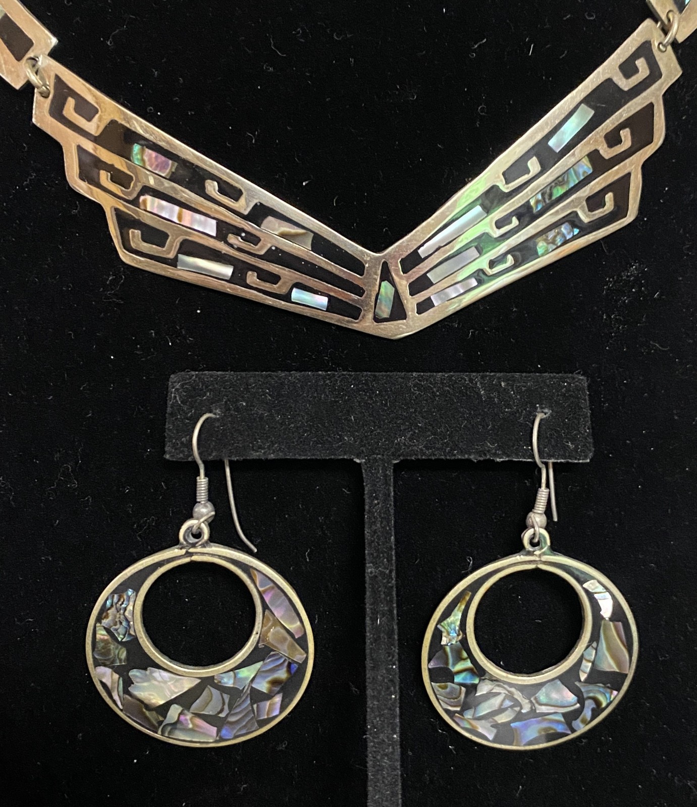 Vintage Alpaca Mex. Abalone Shell Necklace & Earring Set