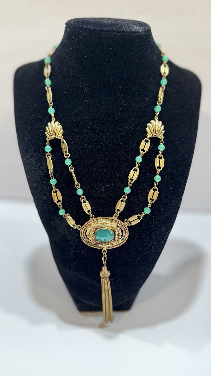 Antique Victorian Revival Green Chrysoprase Glass & Tassel Necklace Czech