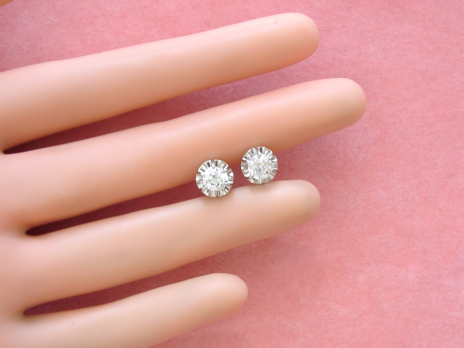 ANTIQUE 1.20ctw MINE DIAMOND 8 mm BALLERINA SETTING PLATINUM STUD EARRINGS 1930