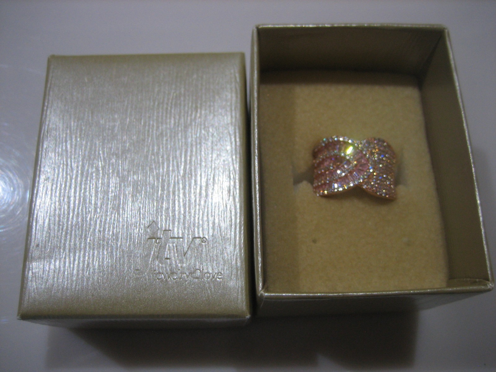 STUNNING YGI ROSE GOLD TONE STERLING SILVER PINK CRYSTAL CIGAR RING SIZE 6.5