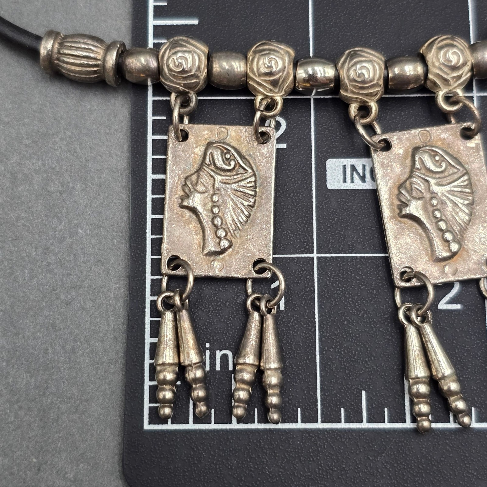 Vintage Tribal Panel Fringe Necklace Silver Tone Leather Cord Boho Statement