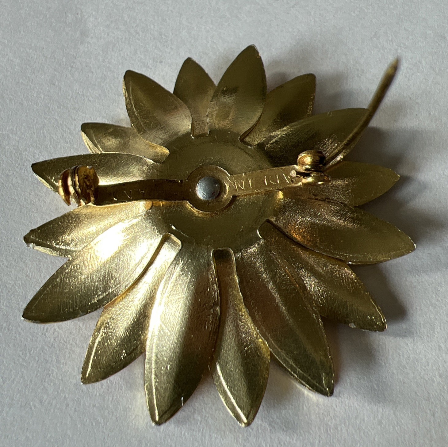 Red Flower Layered Brooch Iridescent Petals Gold Trimmed 2” P