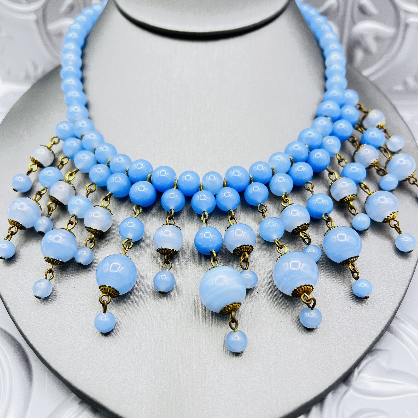 Vintage Periwinkle Blue Czech Glass Beaded Fringe Bib Necklace 16″