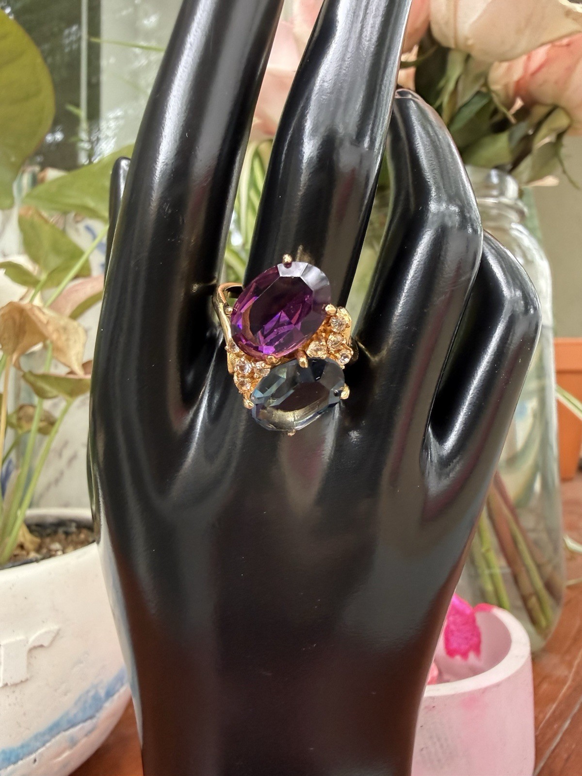 Vintage Multi stone Cocktail Ring Gold Plated Purple And Blue Cz Size 10