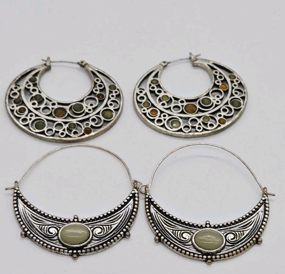Crescent Hoop Earrings Lot 2 Pair Silver tone Pierced Bohemian Cellular 1.5 in