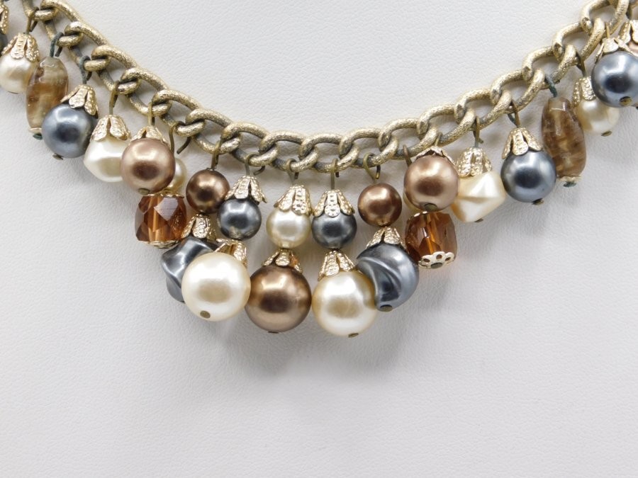A653-VINTAGE NECKLACE~FAUX PEARLS DANGLES/GOLD TONE~14″-16.5″