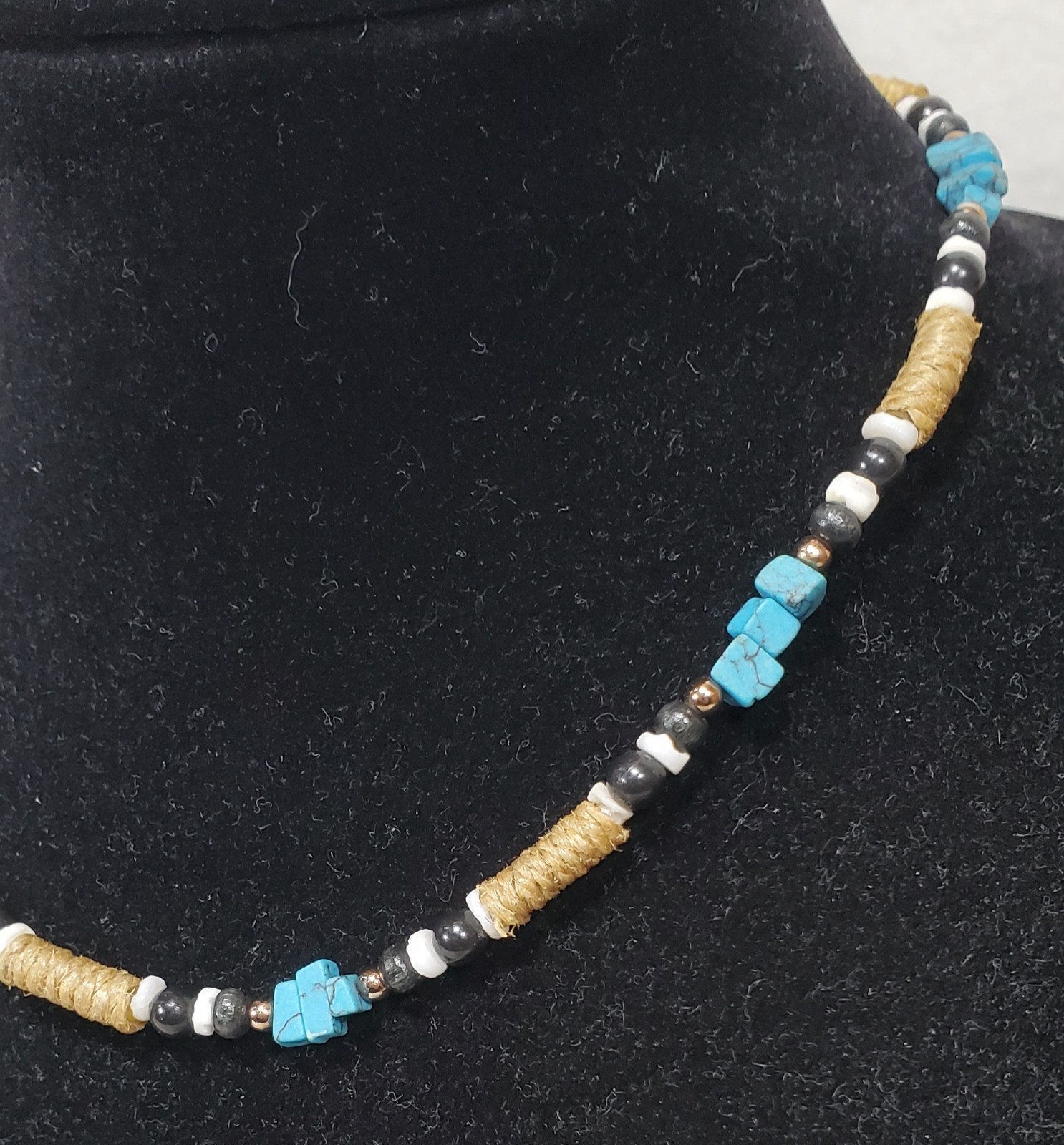Vtg Panama Jack Southwest Hemp, Turquoise, Black & White Beads Necklace