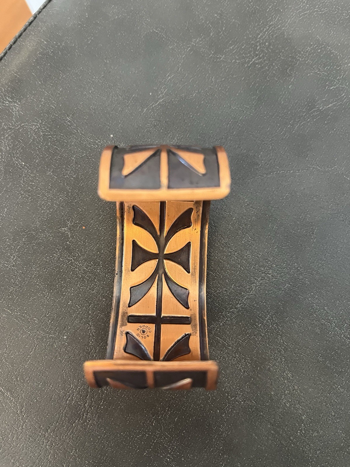 Bell Solid Copper Sterling 925 Joy Mex Turquoise Inlay Aztec Cuff Bracelet Vtg