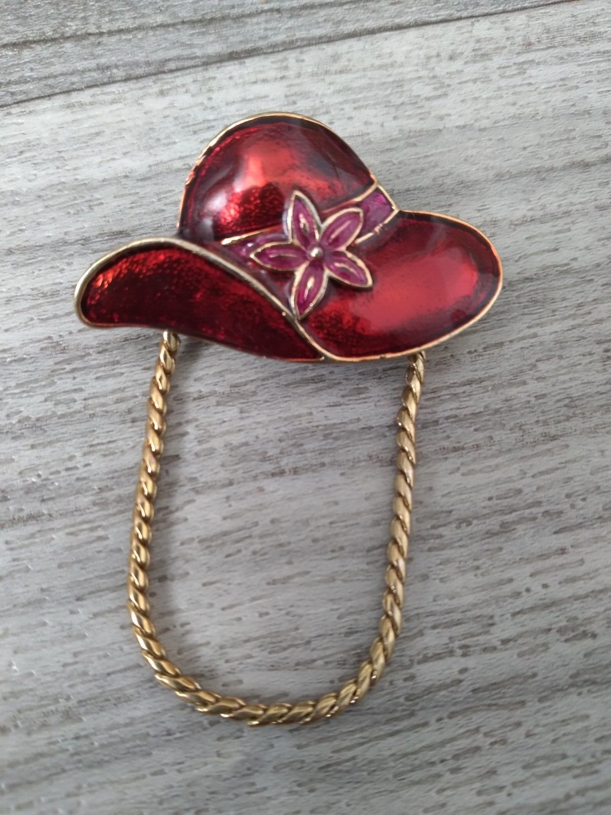 Vintage Red Enamel Hat Brooch Pin Gold Tone 1950s Flower Gold Tone