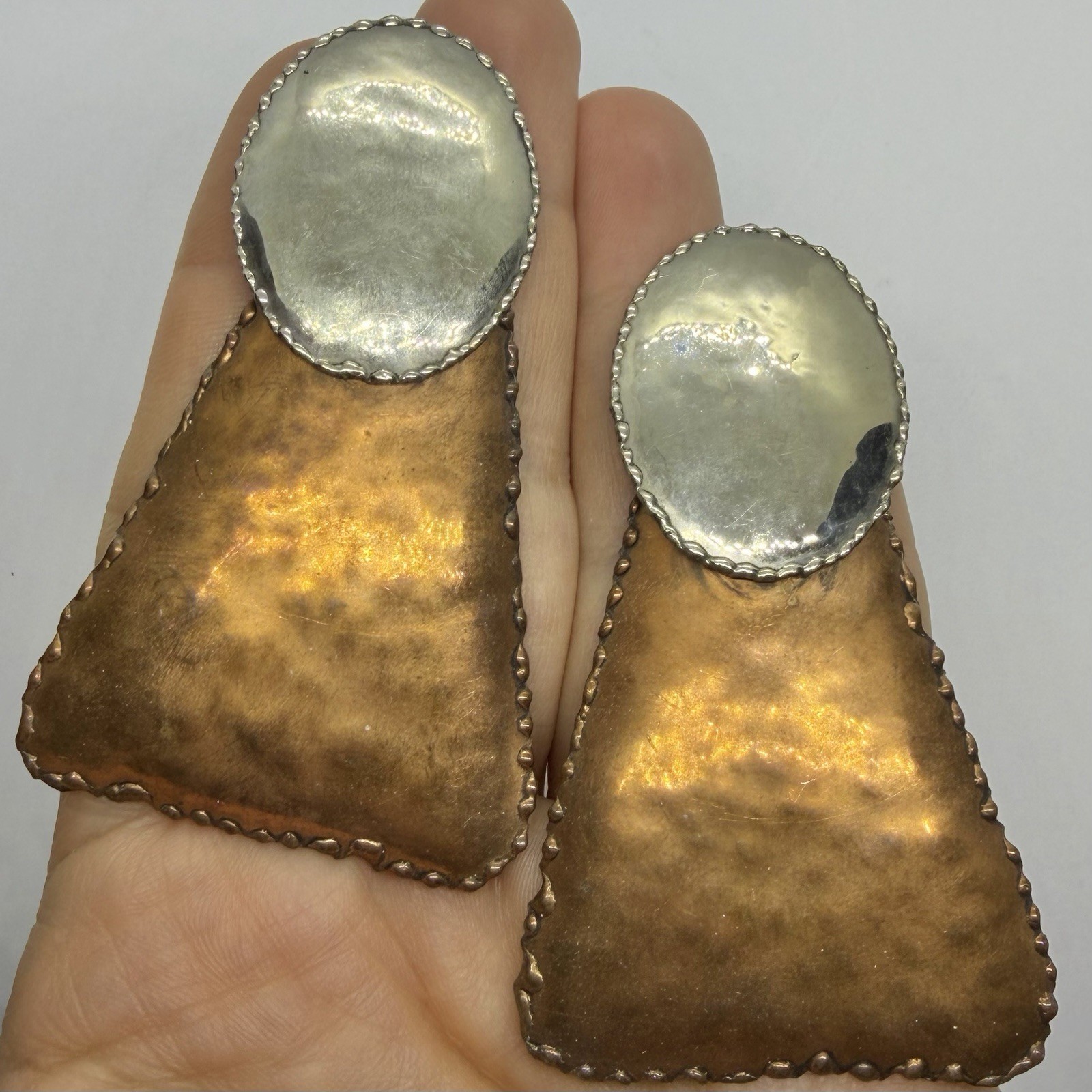 Vtg Big Artisan Mixed Metal Brutalist Statement Earrings Geometric Post Hammered