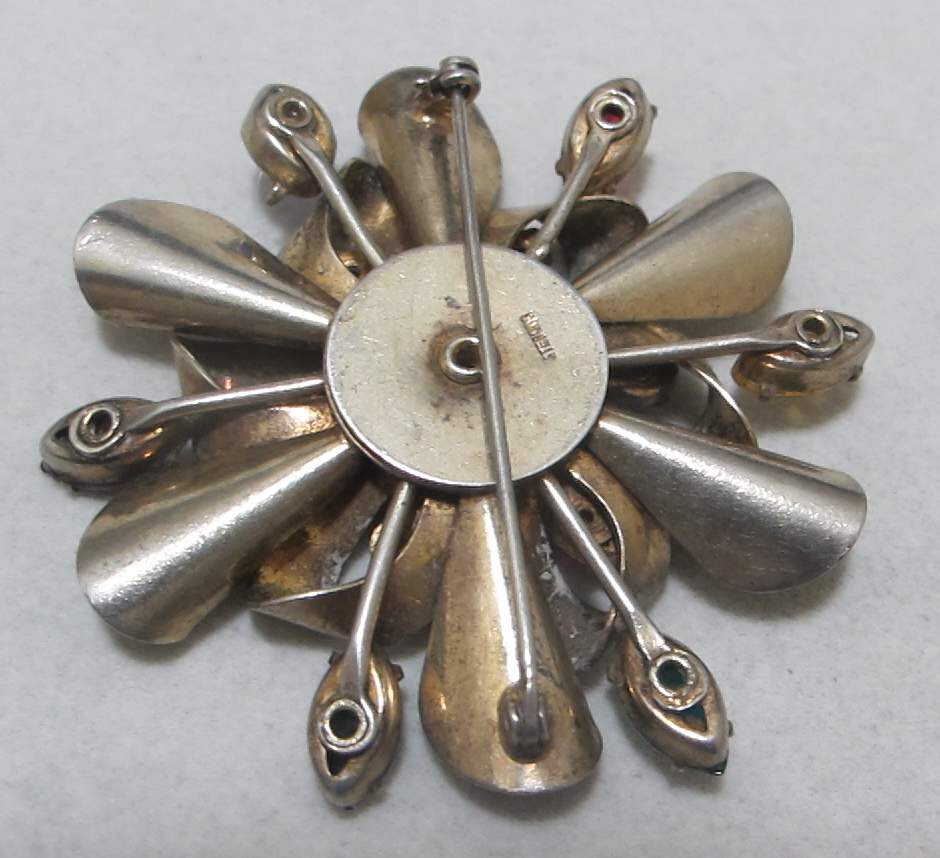 Vtg 2-3/8” Gold-Plated Sterling Layered Brooch Multi Color Rhinestones 30 Grams