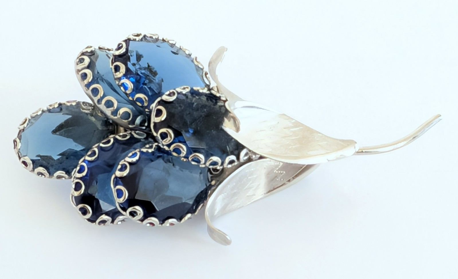 Vintage 1970’s Cobalt Blue Glass Brushed Silver Tone Bouquet Brooch