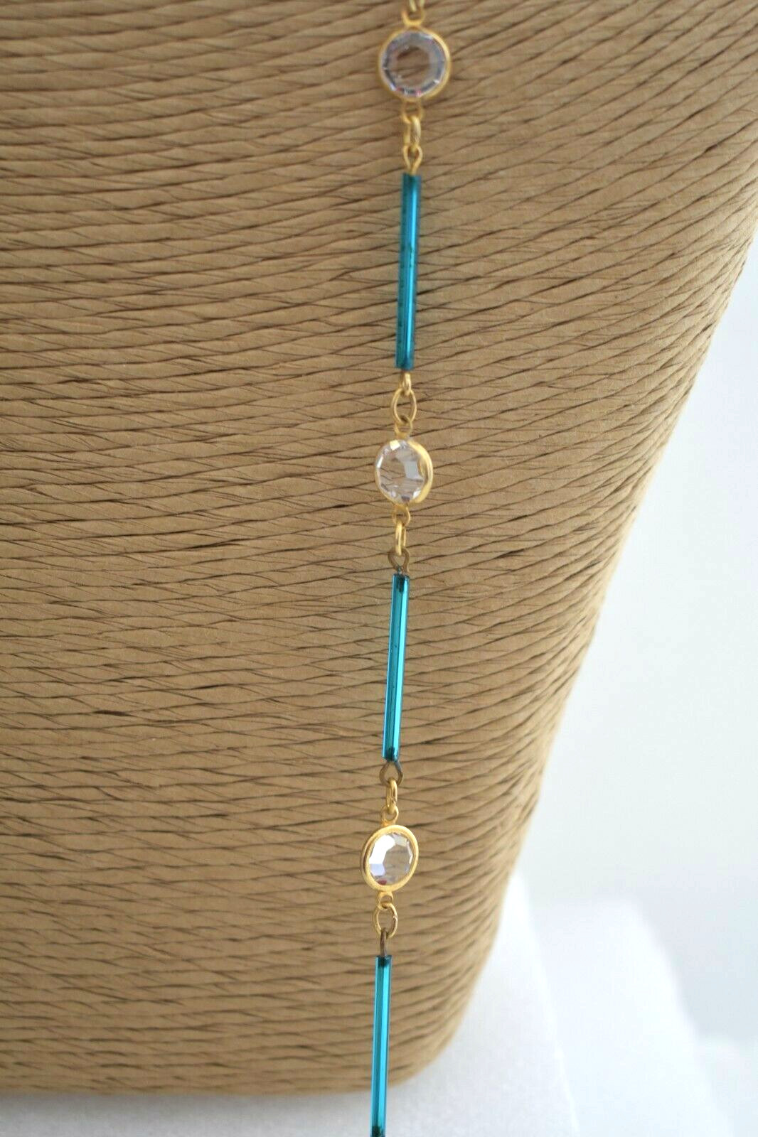 Vintage Austrian Crystal USA Long Beaded Necklace 36″ Rare Tube Beads Teal Blue